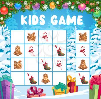 Children Christmas crossword, logical game. Child holiday playing activity, kids games book page template. Christmas tree, gingerbread cookies and stocking, candy cane, holiday gifts cartoon vector