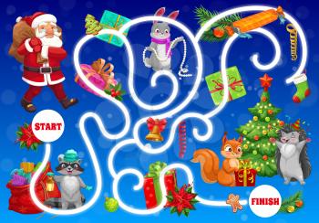 Christmas maze for kids with animals babies and Santa. Children find way activity, child labyrinth game. Santa Claus, rabbit and raccoon, fox, squirrel and hedgehog, holiday gifts cartoon vector