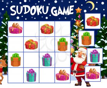 Kids sudoku game with Christmas gifts boxes. Child winter holidays riddle, children puzzle maze with wrapped and decorated presents, Santa Claus and reindeer characters, Christmas tree cartoon vector