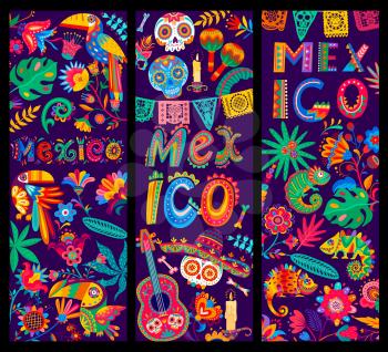 Mexican cartoon banners, guitar and calavera sugar skull in sombrero, toucans and chameleon, flowers and papel picado flags. Vector cards Mexico dia de los Muertos festive holiday celebration