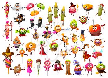 Halloween cartoon funny candies, lollipop witch fingers, candy corns and cupcakes, vector characters. Halloween holiday trick or treat sweets, scary pumpkin cookies, caramel skulls and liquorice bones
