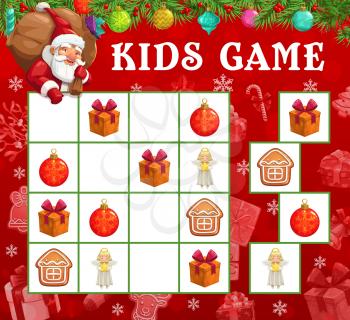Christmas sudoku or maze game with vector Santa and Xmas gifts. Kids education mind game, logic puzzle or riddle with Santa Claus cartoon character, Christmas tree balls, gift boxes, angels and cookie