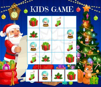 Child Christmas logical rebus, kids crossword. Children educational game, winter holiday riddle. Santa reading wish list, squirrel with gift and Christmas tree, stocking, holly leaf cartoon vector