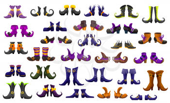 Cartoon boots, shoes of fairy, witch, wizard and warlock or sorceress and enchantress, vector icons. Halloween fairy witch or hellcat, dwarf elf or pixie magic boots or shoes with buckles and ribbons