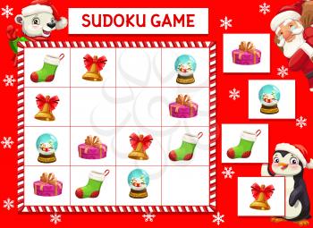 Kids game vector riddle with cartoon christmas characters, gifts and souvenirs on chequered board. Educational task, children crossword teaser for sparetime activity, leisure recreation, boardgame