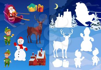 Kids Christmas shadow match game, child holiday riddle. Children educational game, playing activity with silhouettes matching task. Santa in sleigh, reindeer and elfs, snowman, holiday gifts vector