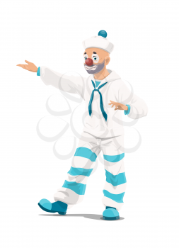 Circus cartoon clown sailor vector chapiteau performer. Carnival show joker or comedian cartoon clown character with sailorman costume, white hat and blue collar performing comedy show