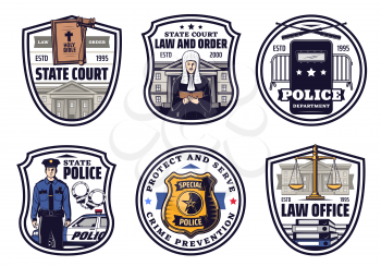 Law and justice vector icons with court, judge and gavel, police officer, legal book and lawyer documents. Courthouse, scale of justice and Themis, handcuffs and sheriff badge emblems