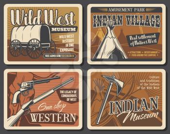 Wild west western cowboy and indians vector retro posters. Wild West native american history. Buffalo skull, tomahawk and tribal chief axe, Texas sheriff , tepee and rifle, wigwam, bow, arrow, wagon