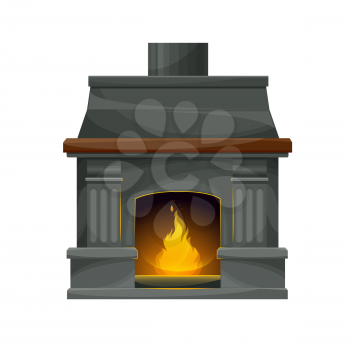 Modern interior fireplace with burning fire. Vector fire place, hearth or stove with gray stone walls, frame, hearth and chimney, decorative pillars and mantel with wood shelf, bright flame and sparks