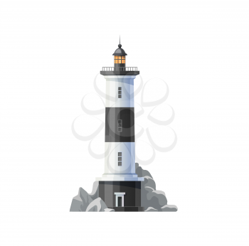 Sea lighthouse of ocean beach vector icon. Beacon tower building with nautical navigation searchlight lamp, white black stripes and marine coast rocks isolated symbol design