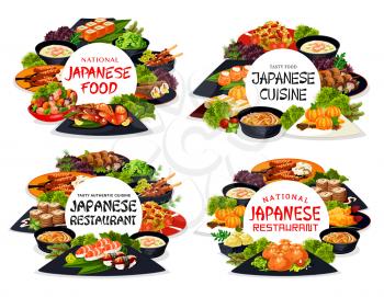 Japanese cuisine restaurant food round banners. uramaki, temaki and nigiri sushi, philadelphia roll, yakitori and kenko yaki, sweets with tangerines, shrimps soup and mandarin in syrup, kebab vector