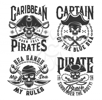 Tshirt prints with pirate skull in cocked hat and crossed sabers and guns. Vector mascot for apparel. T shirt print design with typography. Caribbean Jolly roger monochrome isolated emblems or labels