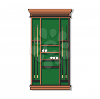 Brown pool cue rack with vector billiards sport game balls and cues. Billiard sporting equipment of wood holders and shelves for snooker sticks and balls on background of green billiard cloth