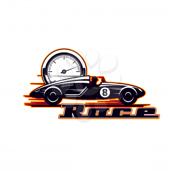 Car racing icon, vintage vehicle races and speed rides, vector symbol. Old motors and sport car rally and speed drift or drag racing championship, sport club icon