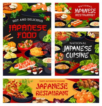 Japanese cuisine restaurant dishes posters and banners. Kenko yaki, rice with seafood and philadelphia roll, nigiri, temaki and uramaki sushi, noodle and shrimp soup, ice cream and shish kebab vector