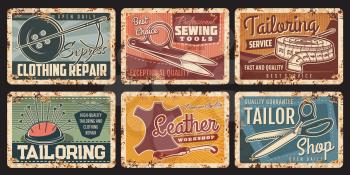 Tailor sewing shop, metal plates rusty and vintage posters, vector. Tailoring and fashion design craft atelier and seamstress salon, clothes repair, sewing scissors, needle and leather workshop