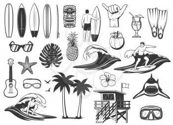 Surfing board, ocean wave and beach vacation icons. Surfer riding board, sunglasses and pineapple, cocoa cocktail, shark, scuba diving mask and goggles, hibiscus flower, lifeguard tower and flippers