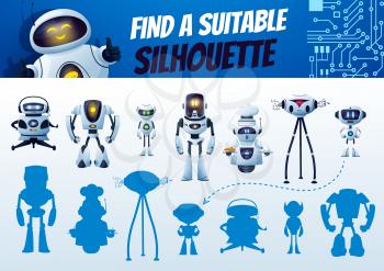 Find a robot silhouette maze game. Kids shadow match vector riddle, search correct cyborg shade. Children logic test with cartoon androids and artificial intelligence bots characters. Education task