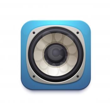 Sound speaker icon of audio music stereo system. Vector square button of musical mobile application or app, 3d blue dynamic of loudspeaker subwoofer isolated symbol, entertainment technology design