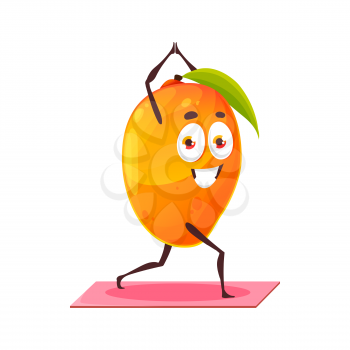 Exotic mango fruit with green leaf doing sport exercises on fitness, yoga, pilates isolated flat cartoon character. Vector tropical food, stone fruit stretching on mat or rug, healthy sportive mango