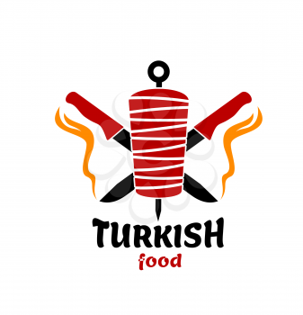 Turkish cuisine food icon. Isolated vector doner kebab or shawarma and chef knives. Turkish fast food restaurant, barbecue cafe or grill bar symbol of skewer or rotating spit with grilled meat