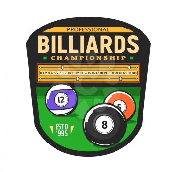 Billiards championship icon for snooker pool sport game tournament, vector symbol. Poolroom billiards and pool snooker game sign with 8 eight ball and cues rack on green table