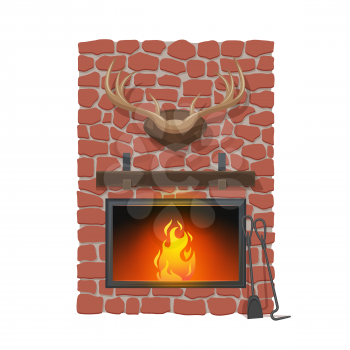 Fireplace and hunting trophy. Vector cartoon fire place or wood burning hearth. Red stone chimney, wooden mantelpiece and deer antlers, shovel and poker, house interior design
