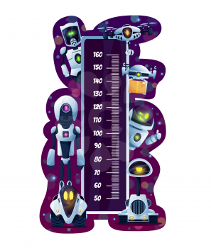Kids height chart or growth measure meter with cartoon robots and drones. Vector wall meter ruler scale of children growth indicator with white android bots and artificial intelligence