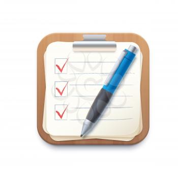 Checklist notepad icon, clipboard or check list board, vector application sign. Checklist notepad with pen, app icon with paper document and questionnaire tick marks, survey notes or notebook pad