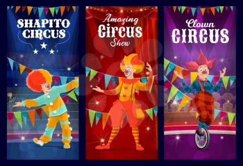 Shapito circus clowns, jesters and harlequin vector characters performing comedy show on carnival stage. Cartoon clowns with red noses, wigs and unicycle banners of amusement park, circus and funfair