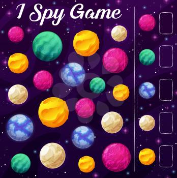 Kids game with space planets. Child I spy playing activity, children educational puzzle with with calculation task. Kids game, counting riddle with cartoon vector fantasy, alien galaxy planets