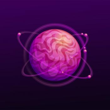 Planet of purple magma surrounded by rotating orbits isolated far alien world cartoon icon. Vector sphere, ui game design element, user interface object. Outer space globe, atmosphere habitable planet