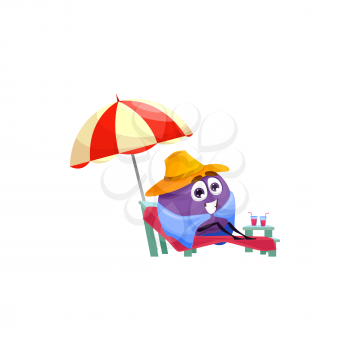 Plum cartoon character sitting on chaise lounge under umbrella isolated tropical fruit on rest. Vector purple plum in towel, pair of cocktails on table. Holiday vacation on seaside, food emoticon