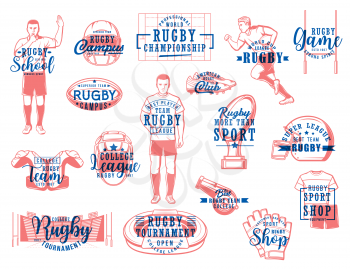 Rugby sport vector icons. American football game isolated signs professional player run with ball, helmet, cup, gloves and jersey, play field. College league rugby sport symbols stadium or whistle set