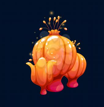 Fantasy magic orange plump mushrooms of vector fairy forest or alien space planet nature. Cartoon fungi plants in shape of fantastic flower with shining stamens and flying sparkles of spore