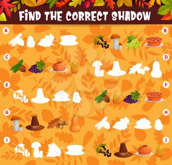 Find the correct shadow of thanksgiving harvest and autumn leaves kids matching game. Children logic vector educational cartoon worksheet, riddle for logical mind development with pie, hat and crop