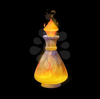 Glass potion bottle with fire, orange flames raging in flask. Vector magic elixir, spell with blaze splash tongues. Cartoon element for magic game ui design. Witch asset isolated on black background