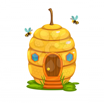 Bee hive cartoon fairy house or dwelling of honey bee swarm nest. Vector fantasy building in shape of wild honeybee beehive with honeycombs, yellow wax and hexagon windows, grass and wood porch stairs