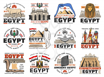 Ancient Egypt icons of Egyptian travel vector design. Pharaoh pyramids, Sphinx and Giza temples, Amun, Isis and Thoth gods with eye of Horus and Ankh, map, flag and heraldic eagle, scarab and bull