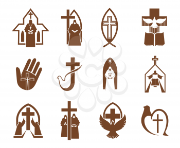 Jesus cross, Bible and dove icons of religion vector design. Christian and catholic churches, prayer, priest and angel, holy book, bird, crucifix and fish brown symbols, faith and religious themes