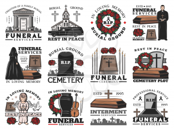 Funeral coffin, cemetery tombstone and cremation urn vector icons of burial and interment service design. Memorial ceremony flower wreaths, Bible and candles, crosses, church and priest, widow, angel