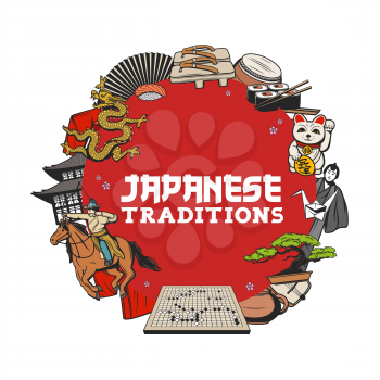 Japanese traditions vector icon with Asian culture bonsai tree, sushi food and paper fan. Temple pagoda, origami crane and tea set, samurai in kimono, maneki neko cat and drum, dragon, geta, shamisen