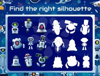 Kids game with robot silhouettes, shadow matching puzzle, memory riddle or attention test. Education quiz vector template with cartoon robots, white modern bots and ai droids, drones and androids