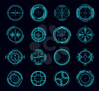 HUD vector aim control interface, futuristic target or navigation screen of game ui. Digital panel or hologram dashboard of future technology head up display with blue circles, arrows, targets