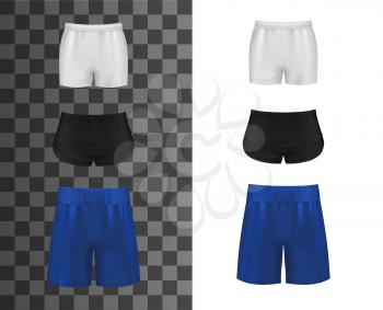 Athletic shorts, realistic clothes or sport pants, vector mockup template. Sport shorts for soccer, basketball or football, men uniform or women sportswear apparel, black, blue and white tennis shorts