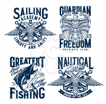 Tshirt prints with tuna fish, two headed eagles and anchors, nautical vector mascot for fishing, patriotic club and nautical academy apparel. T shirt grunge emblems with typography isolated labels set
