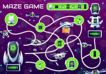 Kids maze game with repair a robot labyrinth. Vector logic puzzle or riddle with find right way task, cartoon map with ai robots, drones, android bots and quadcopters, droids and robotic spare parts