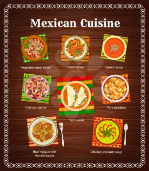 Mexican food cuisine, Mexico menu dishes and meals, vector cover. Mexican cuisine restaurant traditional tacos and fajitas with chili con carne, Latin America travel and national cuisine cooking