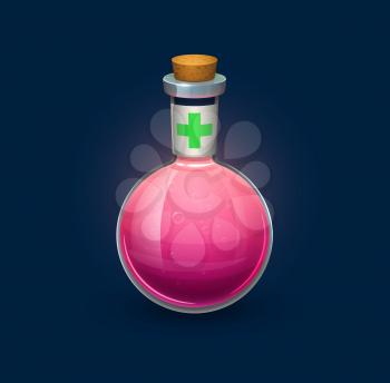 Witchcraft glass bubble potion in bottle, elixir or recovery drink, vector game asset. Cartoon magic potion or red elixir with green cross and cork, poison antidote or life power liquid in glass jar